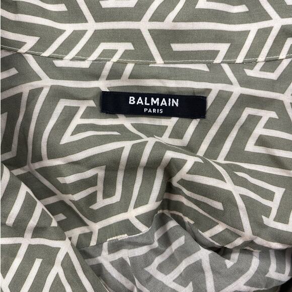 Balmain - Pyramid monogram Short Sleeve Shirt in Sage Green & White - Picture 2 of 6